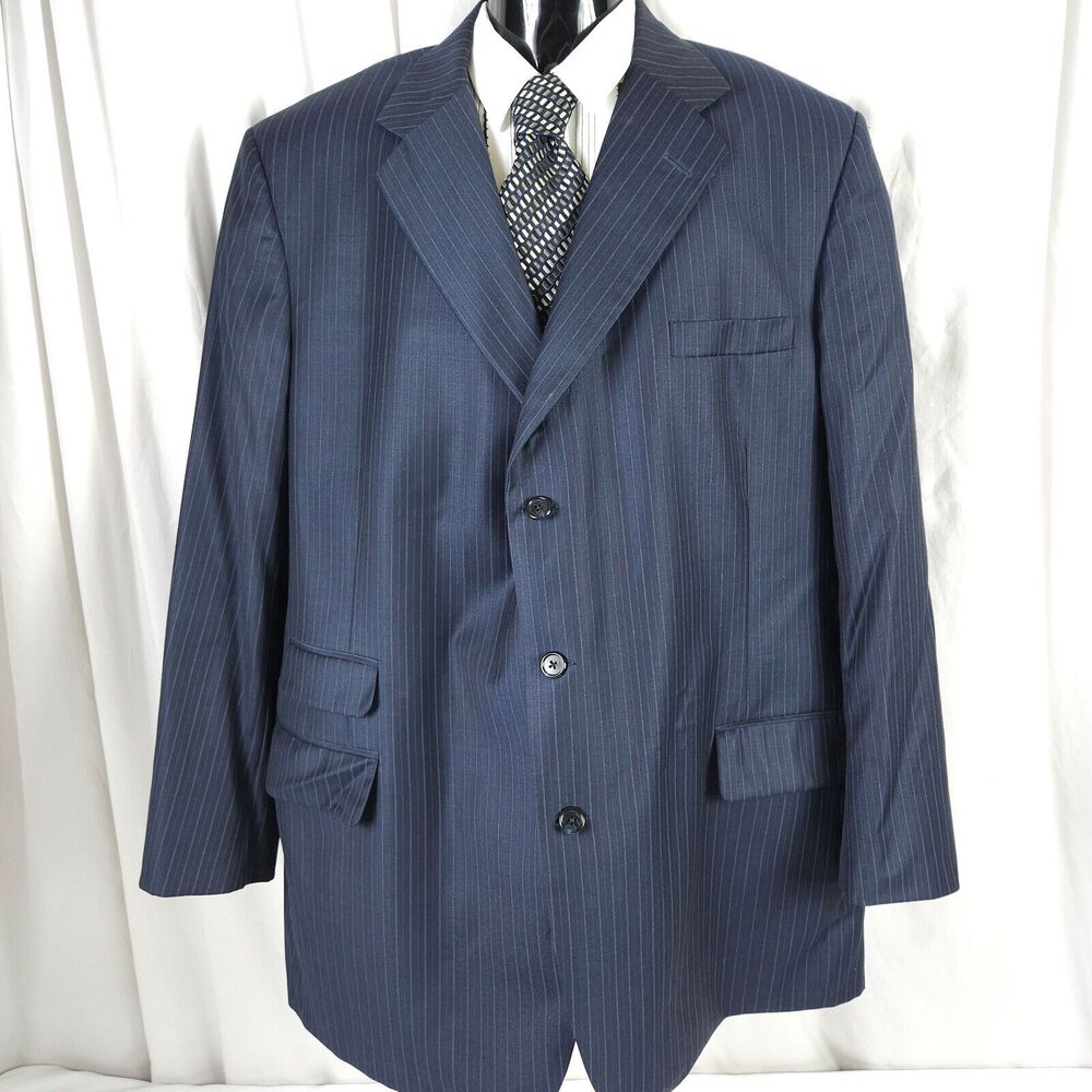 Tom James Corporate Image Navy Pinstripe Blazer Mens 50L 3 Button Sports Coat - Picture 1 of 13